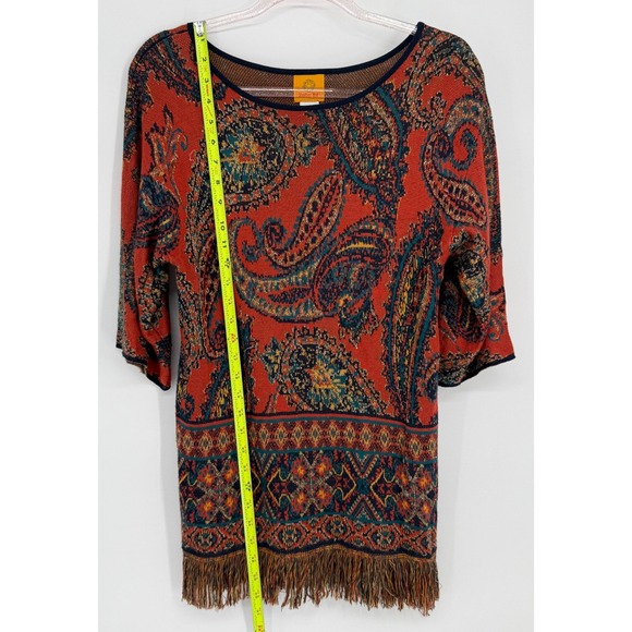 Ruby Rd Womens Paisley Knit Tunic Top Orange Teal Fringe Hem 3/4 Sleeve Sz S - Picture 2 of 10